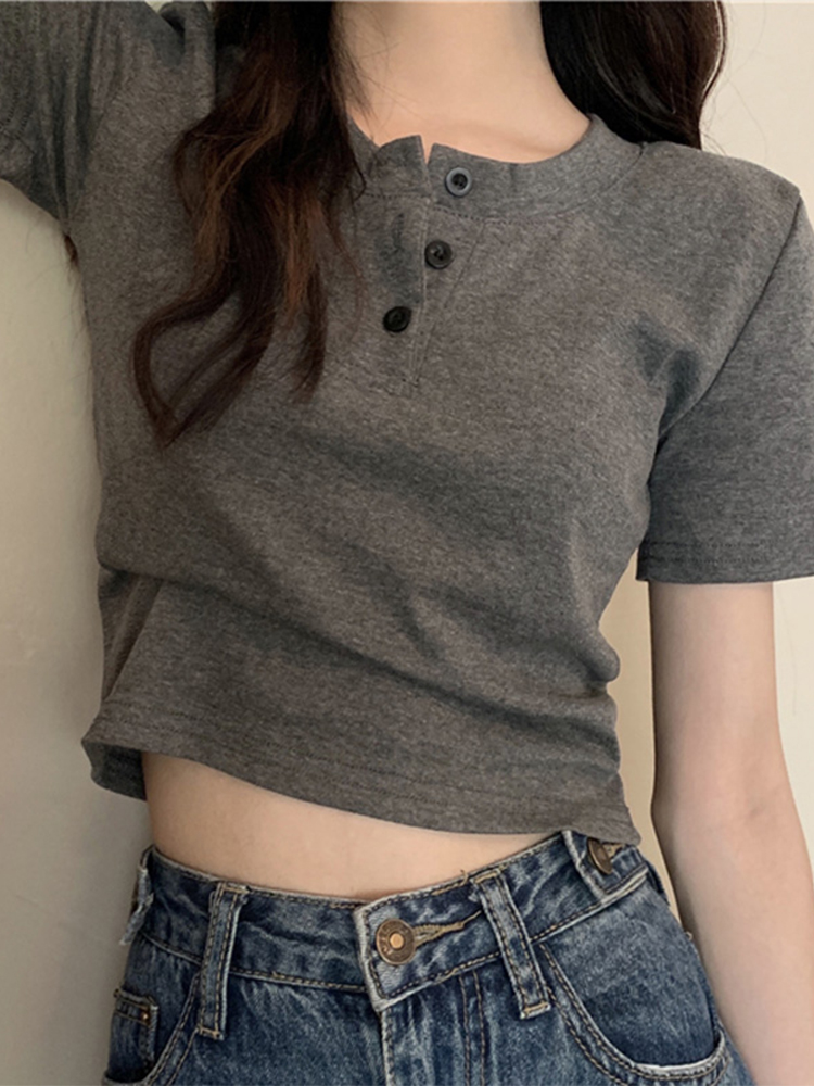 Shipped hot girl pure cotton shoulder short-sleeved T-shirt for women in summer half-open collar slim fit short base top