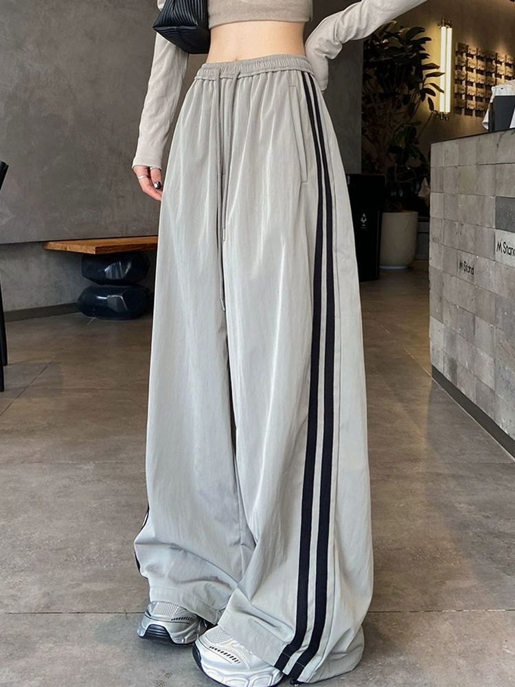 Composite knitted American style splicing work pants for women casual side wide-leg pants trendy brand loose sports pants
