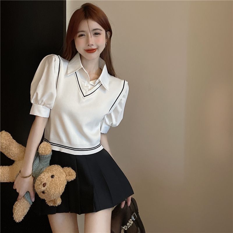 Korean style college polo neck fake two-piece design sense age-reducing knitted short-sleeved women's top