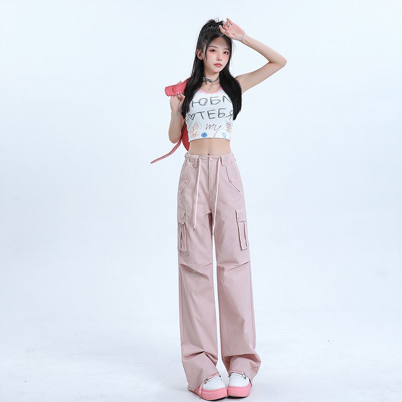 Pink work pants for women extended 2025 spring hot girl American retro loose slim wide-leg straight jeans for women
