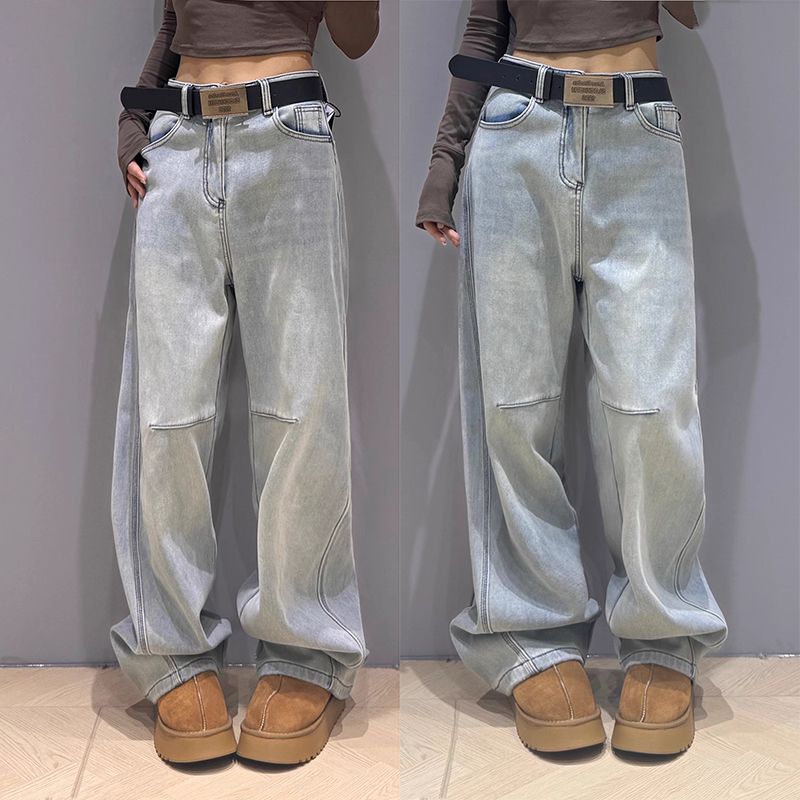 Simple and lazy denim scimitar pants for women in spring and autumn new style high-waisted slim loose casual and versatile wide-leg pants trendy