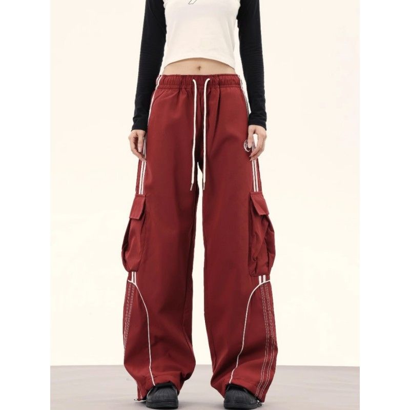 Street dance black drawstring wide-leg loose casual work pocket sports pants for women spring trendy hip-hop floor pants