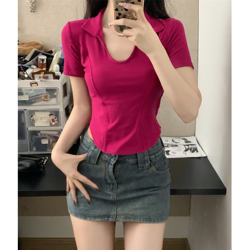 Shipped U-neck, shoulder-length women's T-shirt, short-sleeved American retro design, short waist fish bone chic top, summer