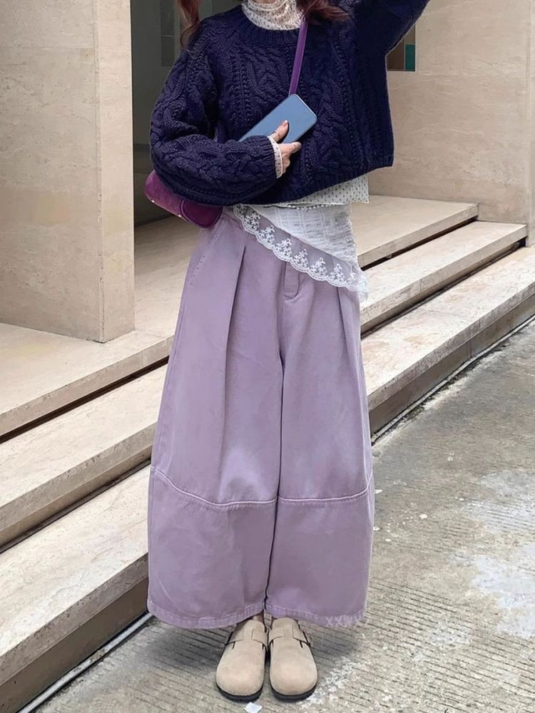 Korea Dongdaemun early spring new style lazy half-elastic versatile purple casual wide-leg pants high-waisted balloon pants for women