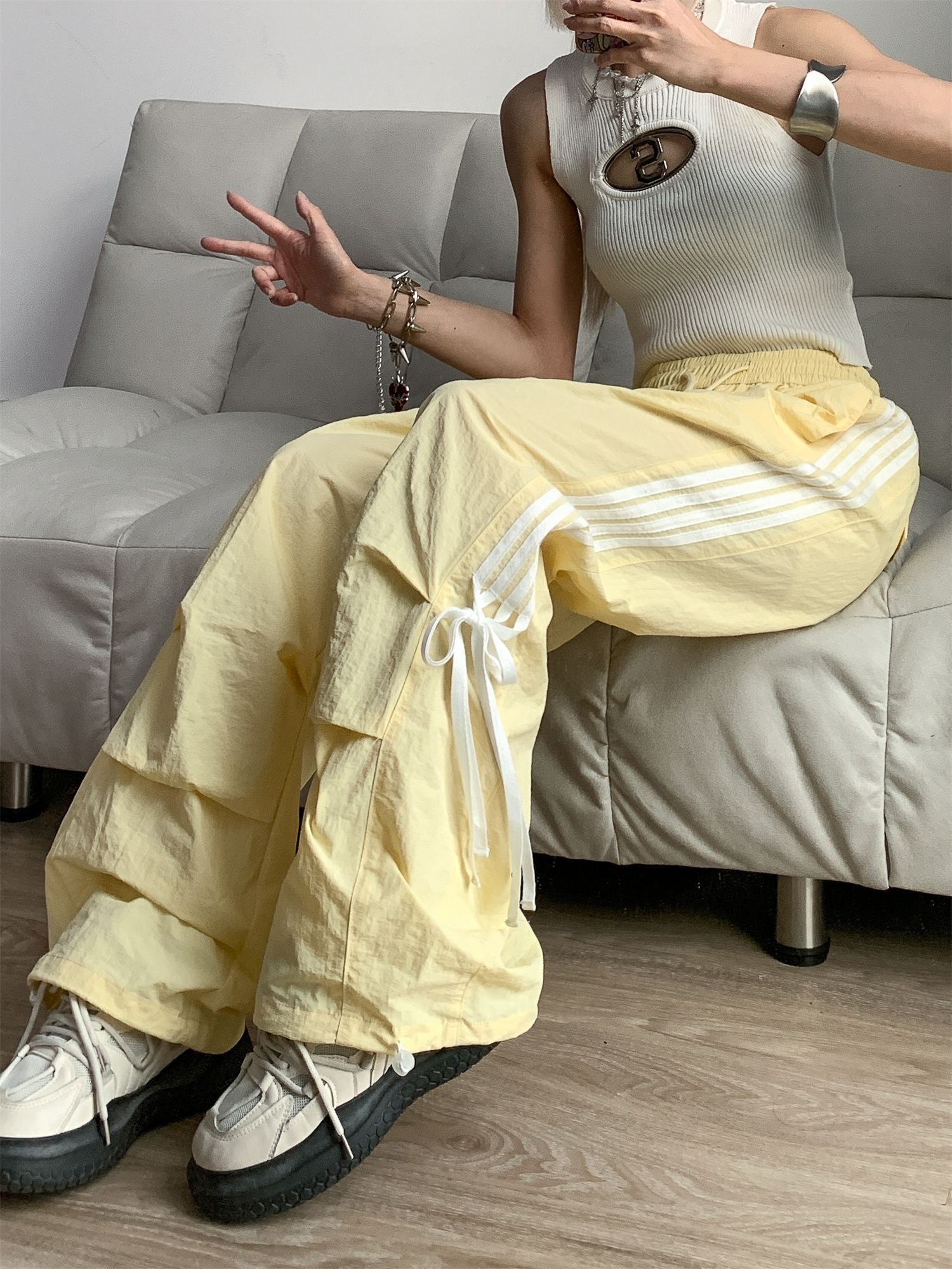Three-dimensional waist dopamine bow wide-leg casual pants for women in summer sports paratroopers work trousers