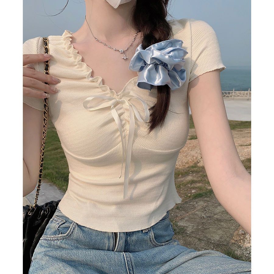 Shipped Chic black earrings tied V-neck short-sleeved T-shirt for women in summer new slim short top