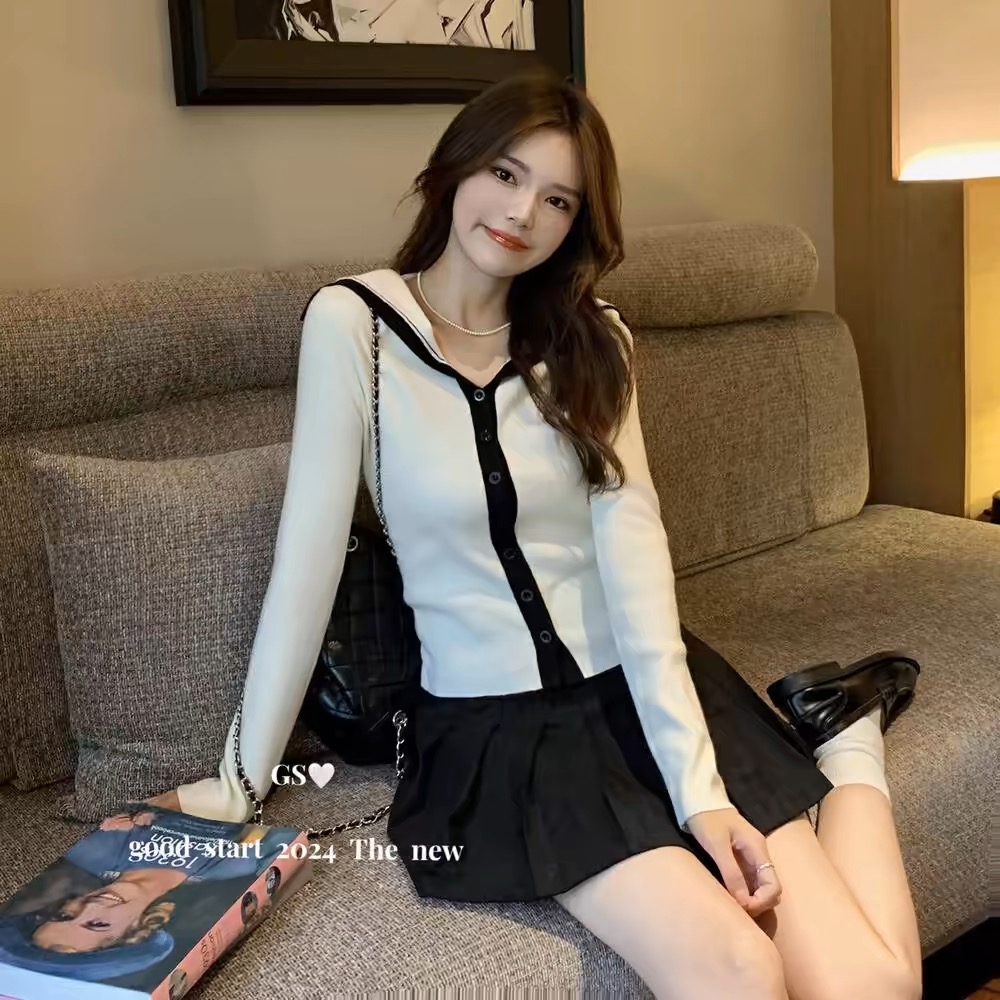 British minor tune "hot naval collar! Retro contrasting color large lapel knitted sweater