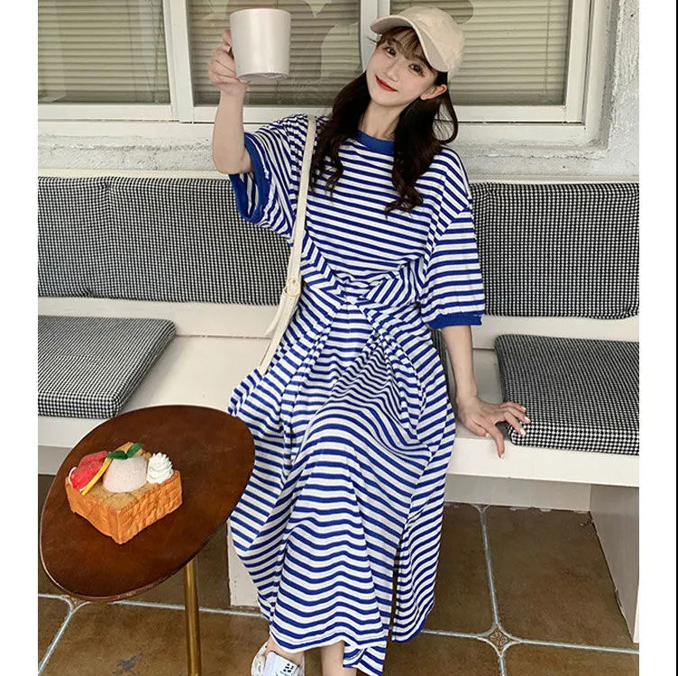 Shipped Striped Long Skirt 2025 Summer Loose Hidden Meat Slim Short Sleeve Over-Knee T-Shirt Dress