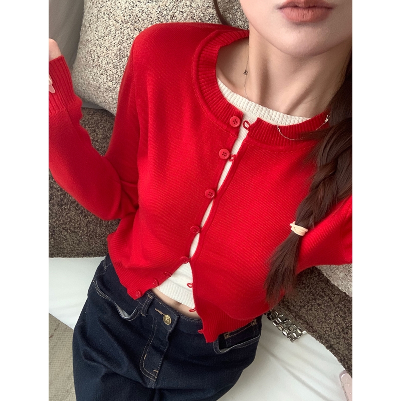 Shipped New slim and short tops, small and thin, fake two-piece red sweater women's cardigan