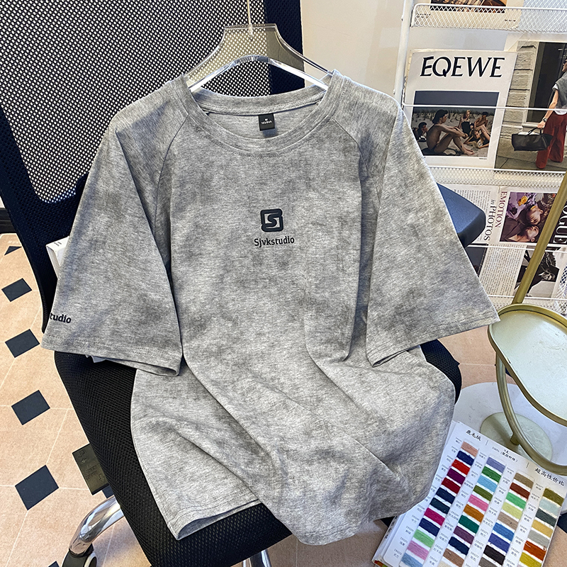 Real shot 220g pure cotton short-sleeved T-shirt for men and women summer 2025 new fun printed shoulder top Korean women's clothing