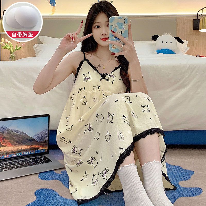 Summer cloud cotton with chest pad lace lace suspender nightgown for women's home clothes nightgown