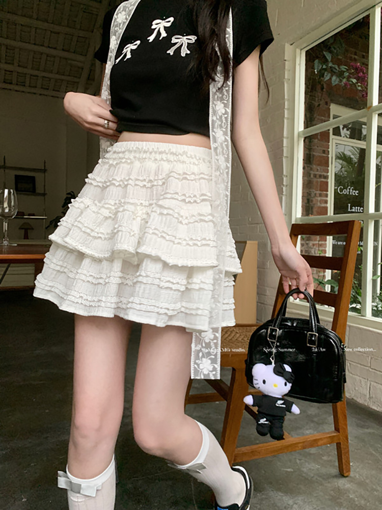 Ballet style puffy skirt for women in summer sweet white cake skirt slim high waist A-line skirt anti-exposure skirt