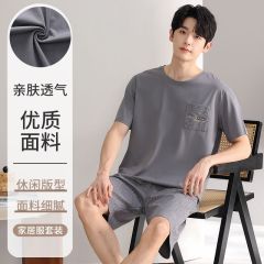Summer pure cotton men's round neck short-sleeved pants pajamas men's suit casual and comfortable home clothes