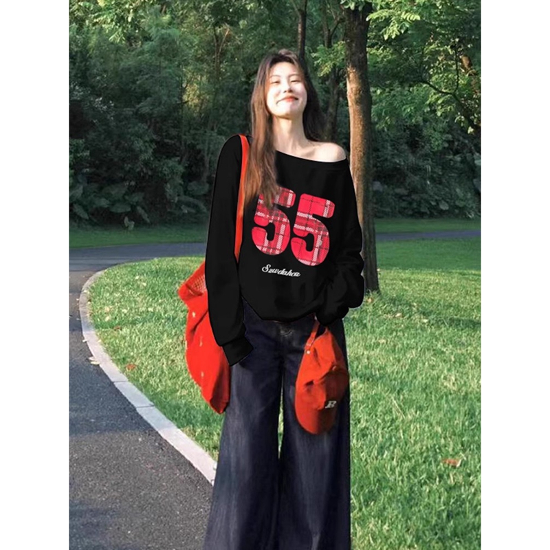 Shipped Official Photo + Original Production American retro high street slanted off-shoulder no hat sweater lazy top