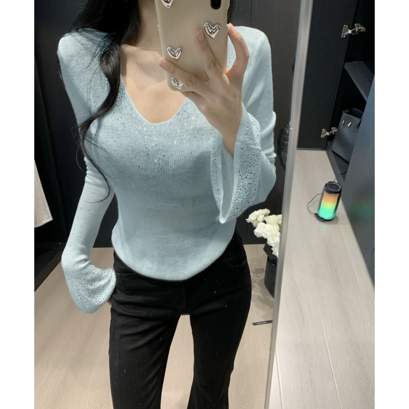 Shipped Long-sleeved T-shirt for women's spring clothes new heavy industry ironing diamond design sense high-end temperament inner base top