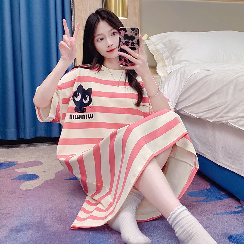Summer tie-up imitation cotton round neck short-sleeved women's nightgown cartoon casual home clothing Korean style skirt