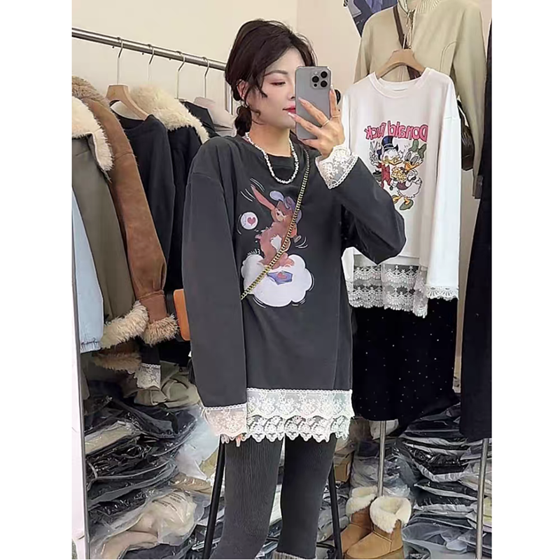 Has shipped Korean lace cartoon bear grinding medium-length hip-covering bottom shirt skirt, age-reducing loose
