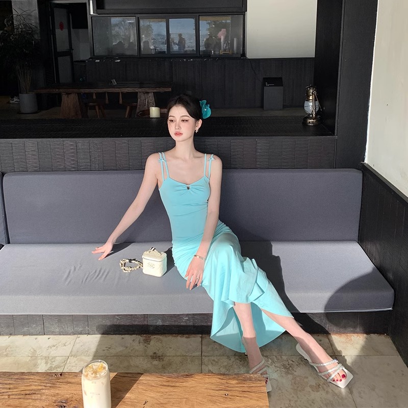 Shipped Blue suspender skirt for women in summer slim fish tail skirt hip-covered dress temperament long skirt