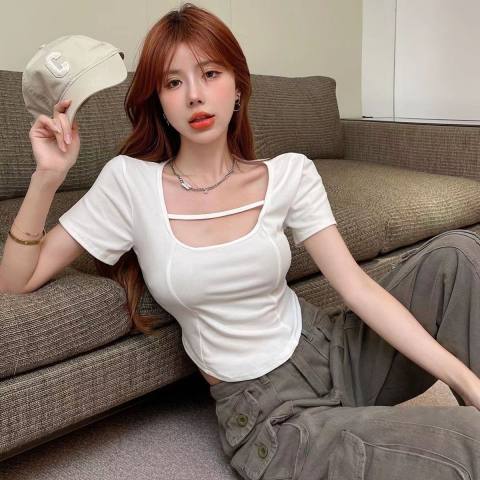 Shipped Pure Cotton 32-pin Pure Tender Side-Collection Short Sleeve Irregular Top