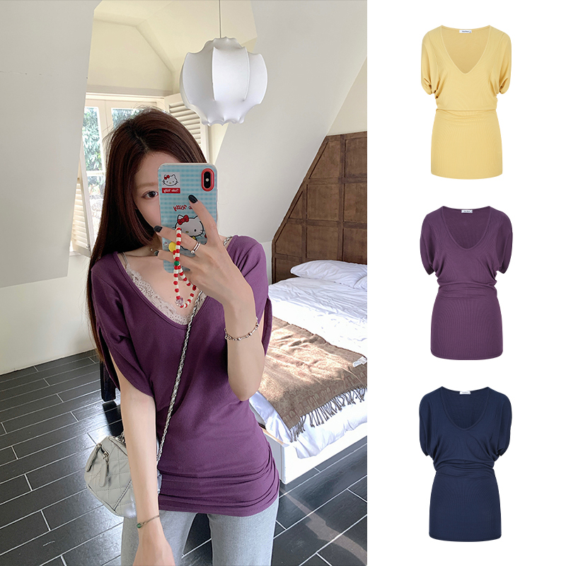 Real shot-Lanid style loose V-neck short-sleeved T-shirt for women's base shirt bat sleeve blouse