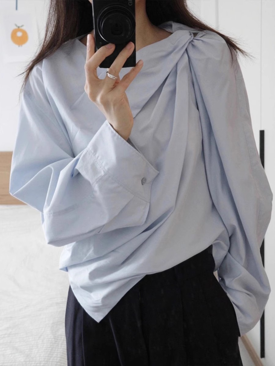 Shipped Asymmetrical design-sensory lapel loose literary blue shirt for women 2025 Spring and Autumn