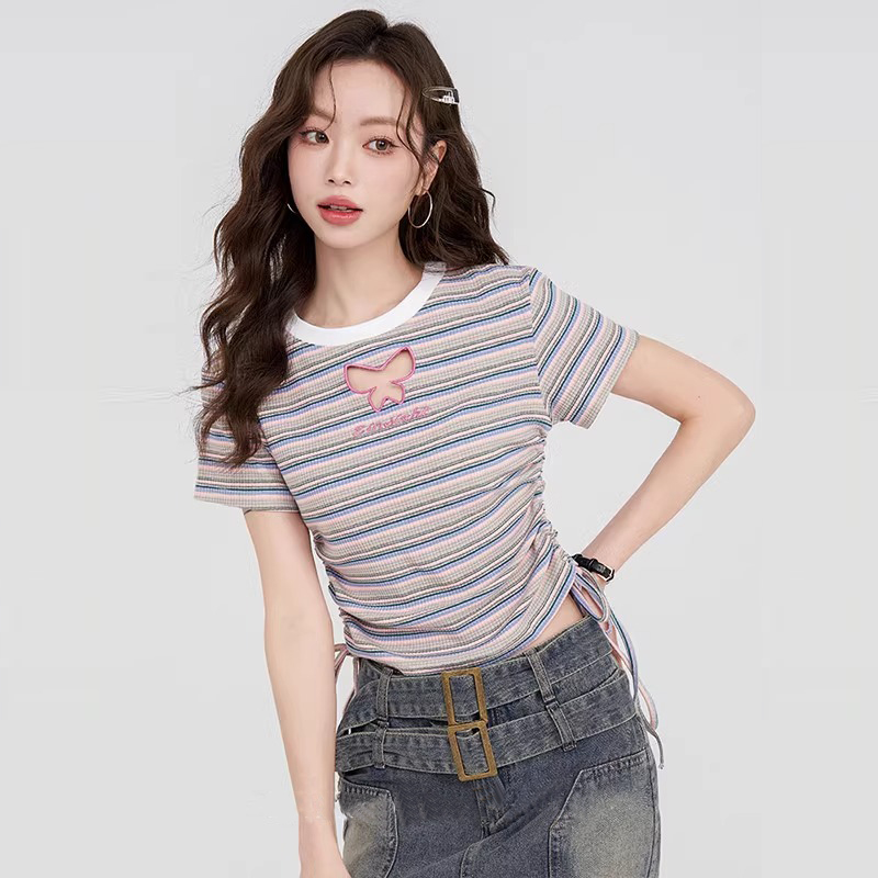 Shipped, workmanship design, butterfly hollow striped short-sleeved T-shirt for women, summer slim short sweet and spicy top
