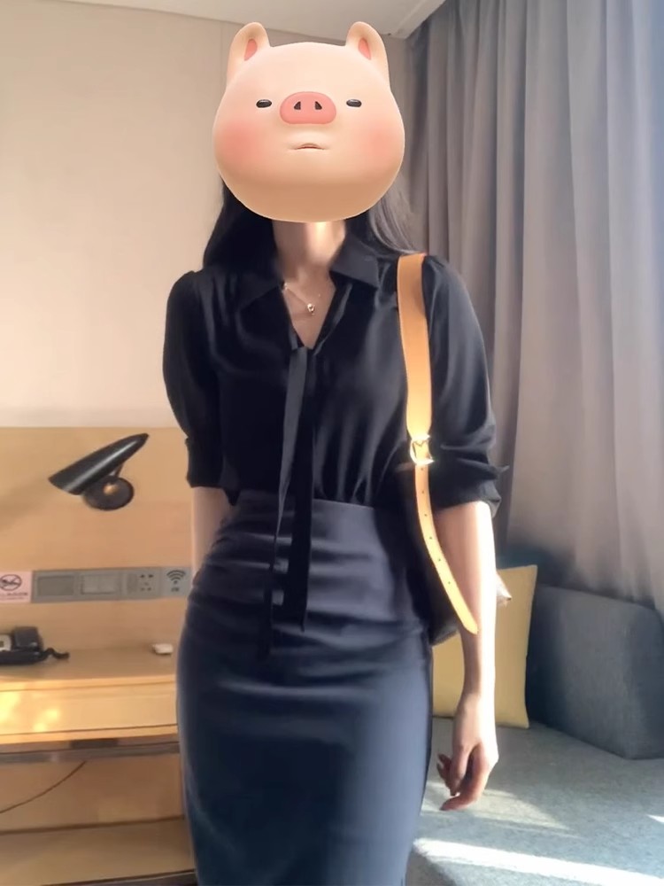 Shipped Black French long-sleeved shirt Spring and Autumn skirt for women 2025 new temperament hip-pack skirt set