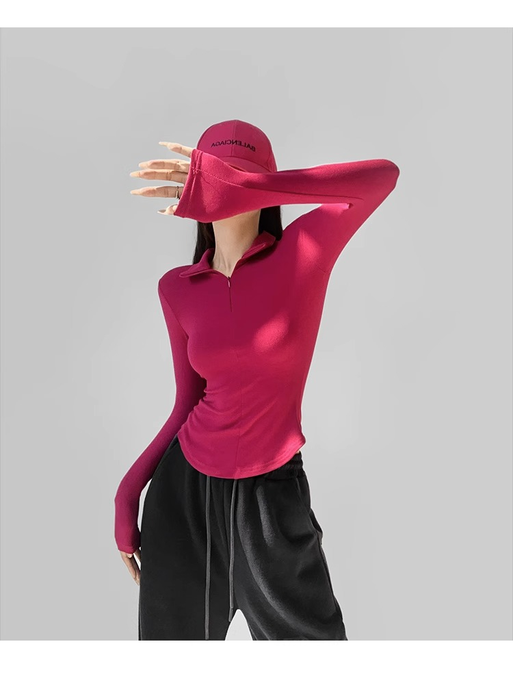 Shipped elastic tight sexy lapel long-sleeved hot girl with a waist-hugging and spring and autumn base shirt