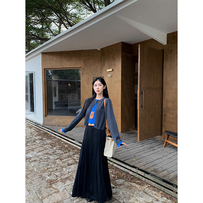 Shipped Retro fake two-piece contrasting T-shirt cardigan for women early autumn new casual short top