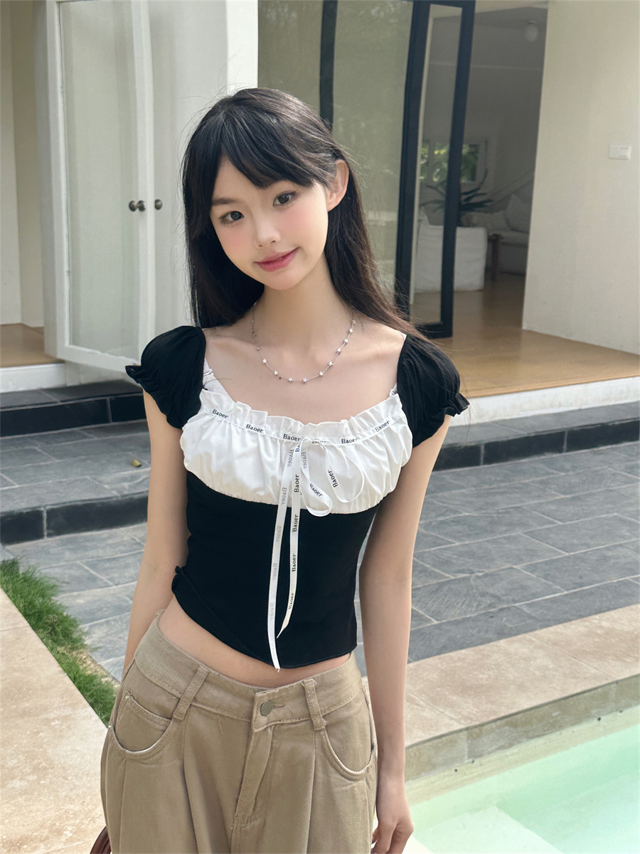 Shipped 2025 new pure and sweet and spicy one-shoulder design webbing spliced ​​top short T-shirt