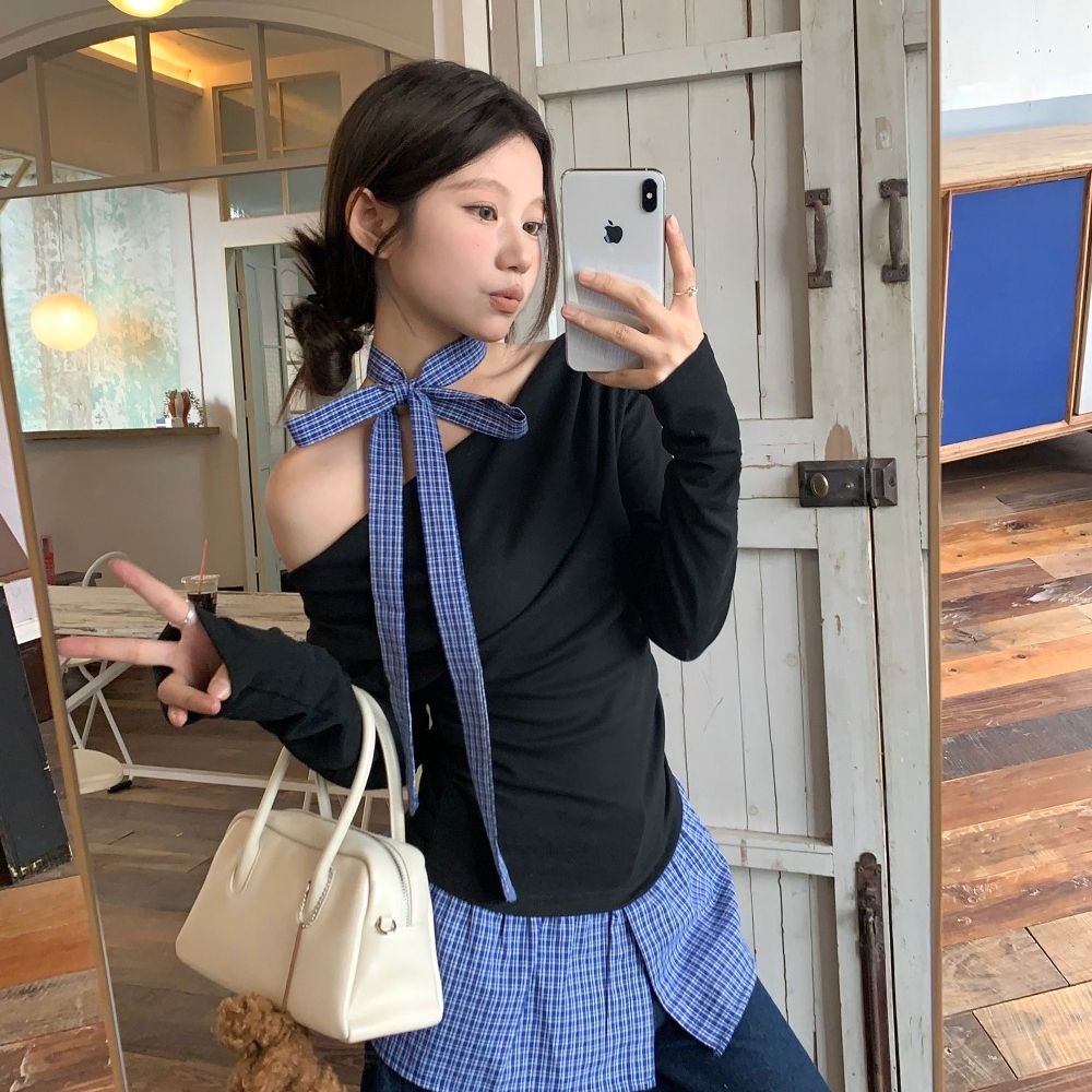 Korean contrasting color plaid splicing T-shirt for women with niche design, one-shoulder long sleeves
