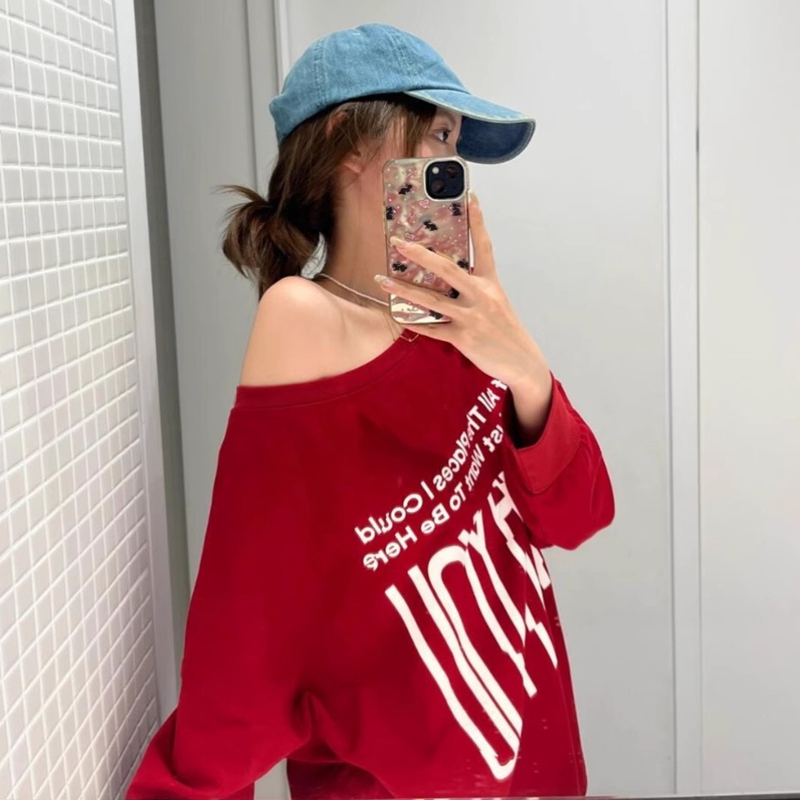 Shipped Official picture + original quality off-shoulder front and back printed on both sides long-sleeved T-shirt off-shoulder top