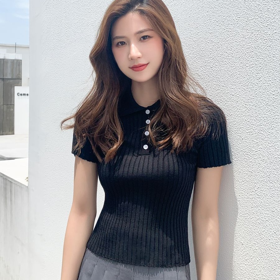 Shipped Knitted short women's Korean top thin 2025 summer elegant T-shirt short sleeves to make you look thin