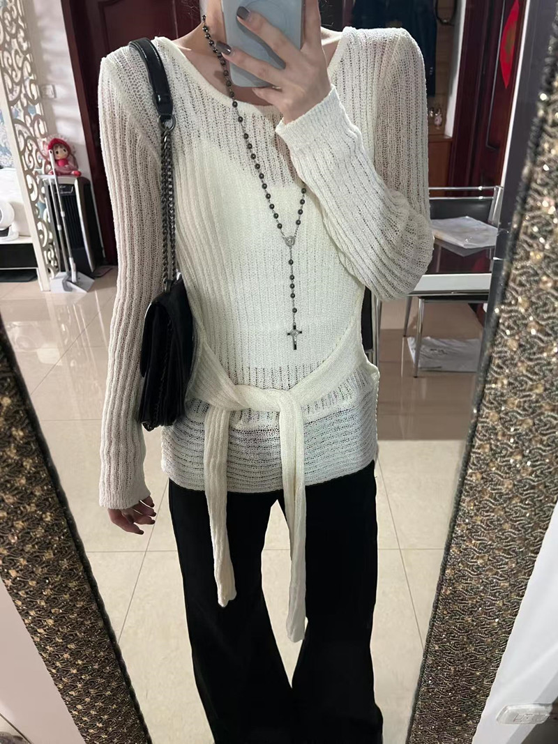 Hollow strap sunscreen knitted blouse for women in spring and summer new design and temperament slimming Korean solid color top