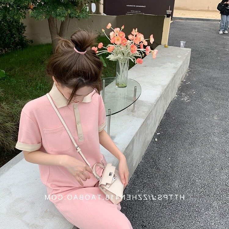 Shipped New contrasting Polo collar short-sleeved dress for women loose mid-length slit straight t-shirt skirt