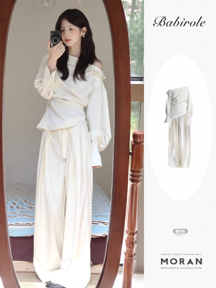 Shipped White irregular off-shoulder long-sleeved shirt 2025 Spring and Autumn New Design Feeling Niche Off Shoulder
