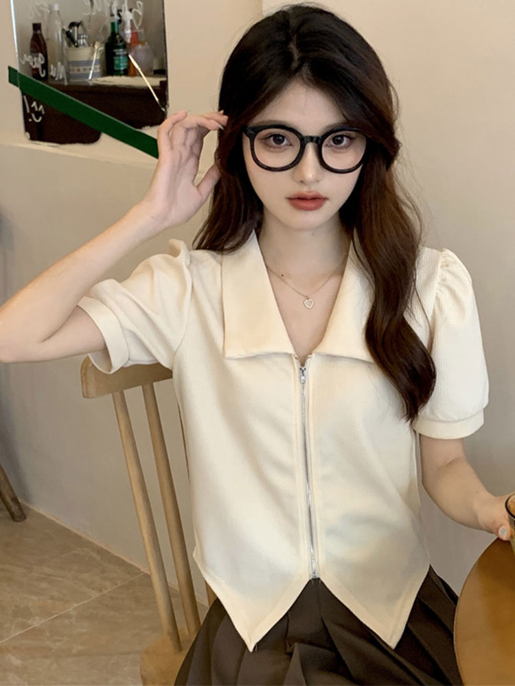 Shipped Short-sleeved women's summer sweet and cool design zippered slim and chic top