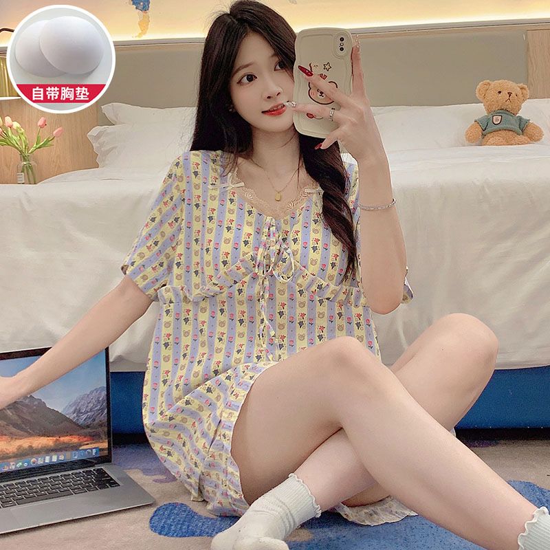 Summer cloud cotton with chest pad lace lace short-sleeved pajamas women's suit home clothes