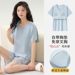 Summer Modal 5050 with chest pad round neck short-sleeved pants pajamas women's suit home clothes