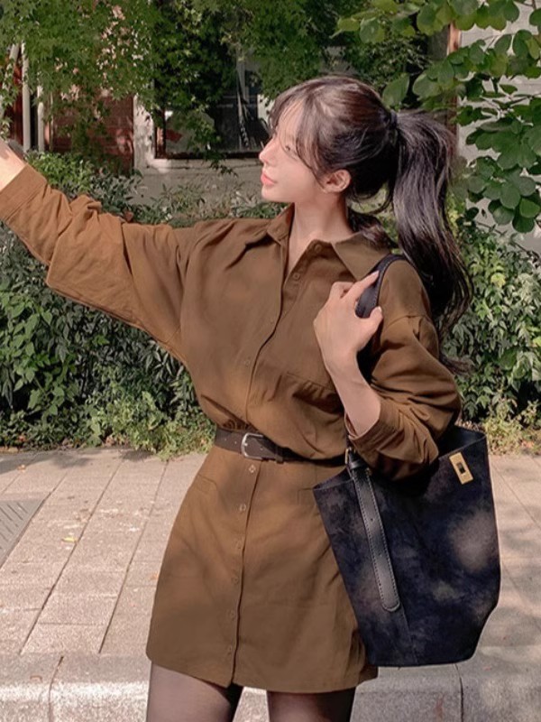 Has shipped Korean chic spring elegant temperament lapel single-breasted waist-closed long-sleeved shirt style