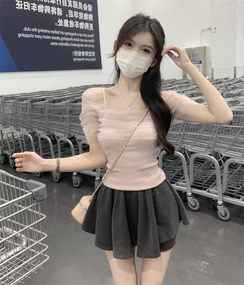 Shipped One-length suspender T-shirt New niche small French hot girl mesh off-shoulder top