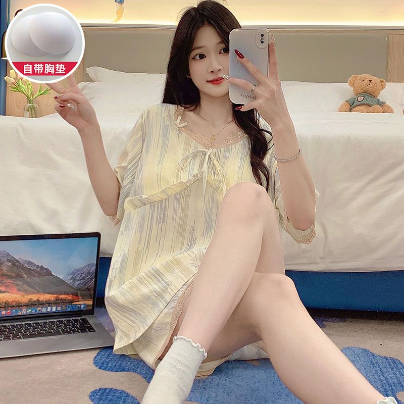 Summer cloud cotton with chest pad lace lace short-sleeved pajamas women's suit home clothes