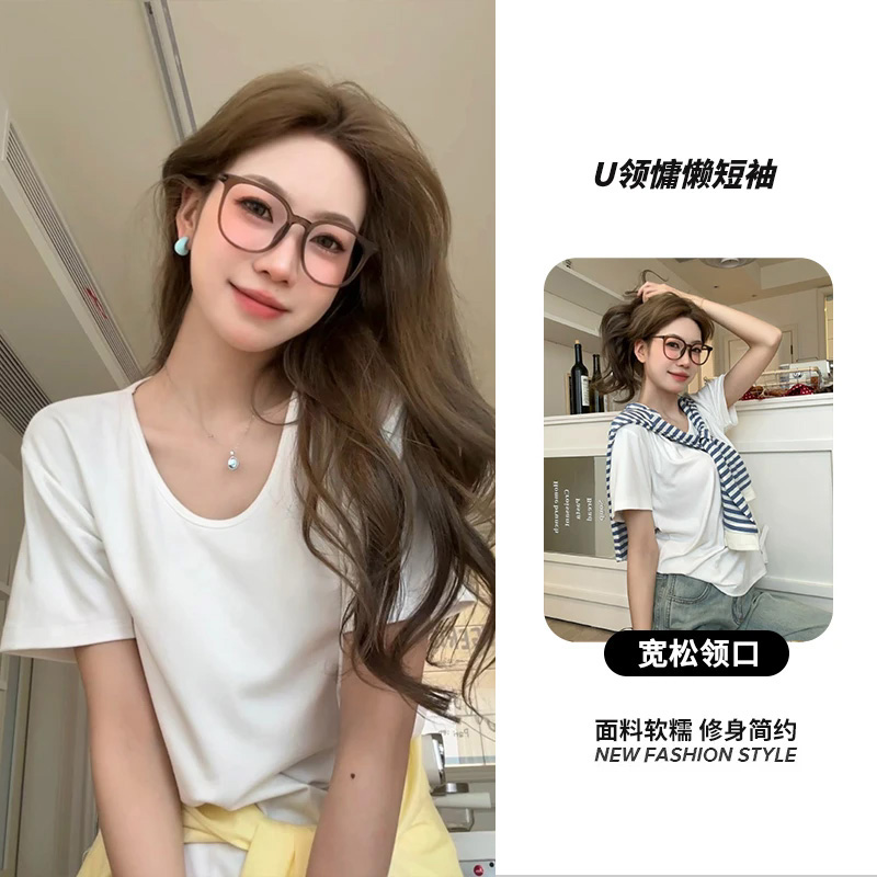 Official photo 240g double yarn U-neck straight shoulder T-shirt women's short-sleeved white top spring and summer large neckline loose