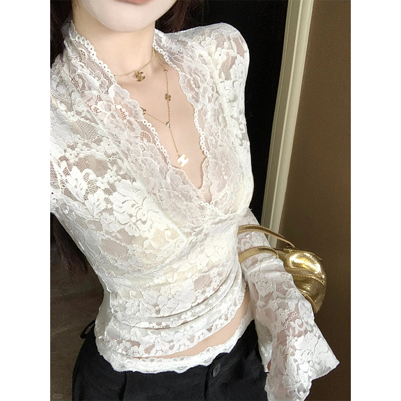 Shipped, soft touch, design, V-neck long-sleeved lace shirt, autumn pure hot girl top