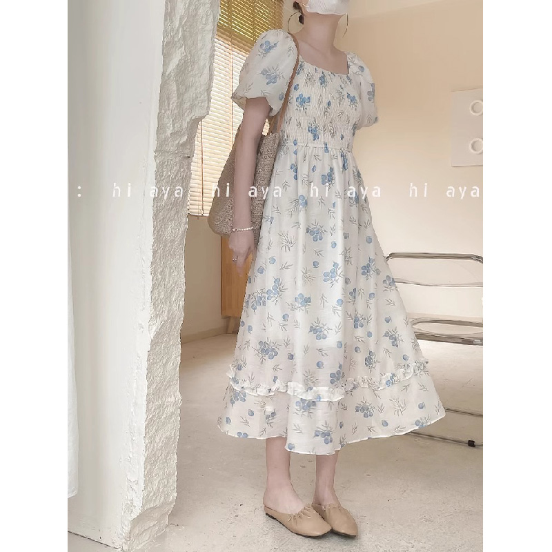 Shipped Printed square collar floral puff sleeves mid-length 2025 French dress floral skirt
