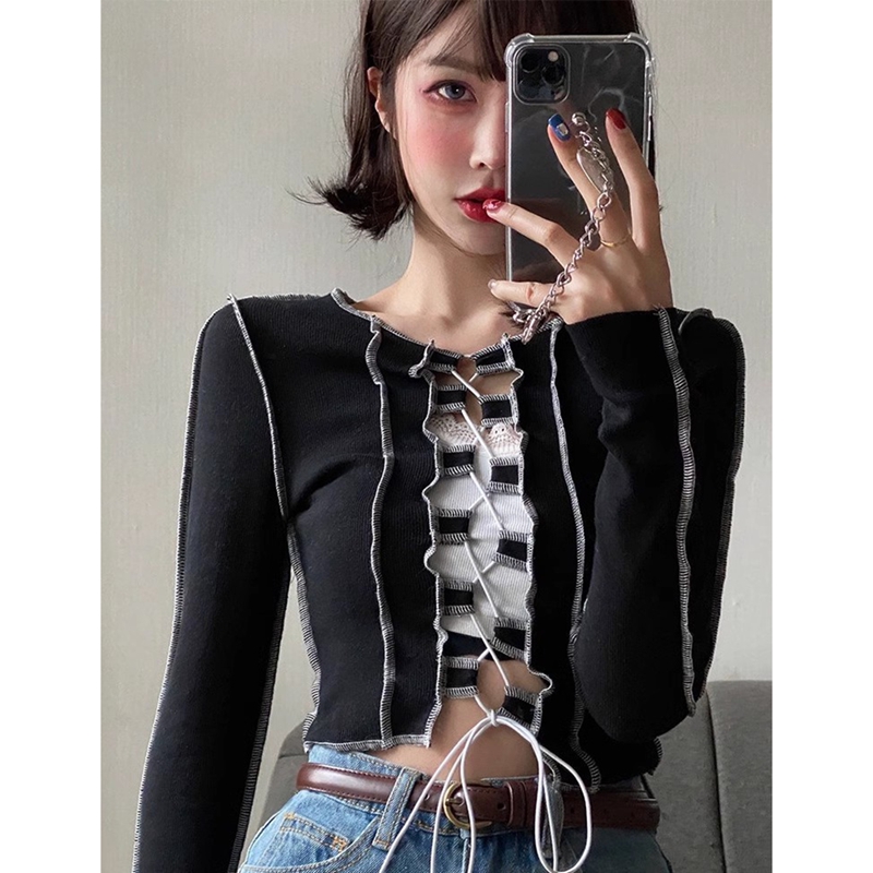 Shipped T-shirt for women American retro design straps long-sleeved top