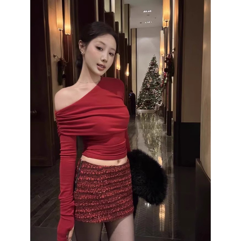 Shipped Official picture + high elastic ribbed velvet New Year atmosphere set off shoulder red long-sleeved T-shirt