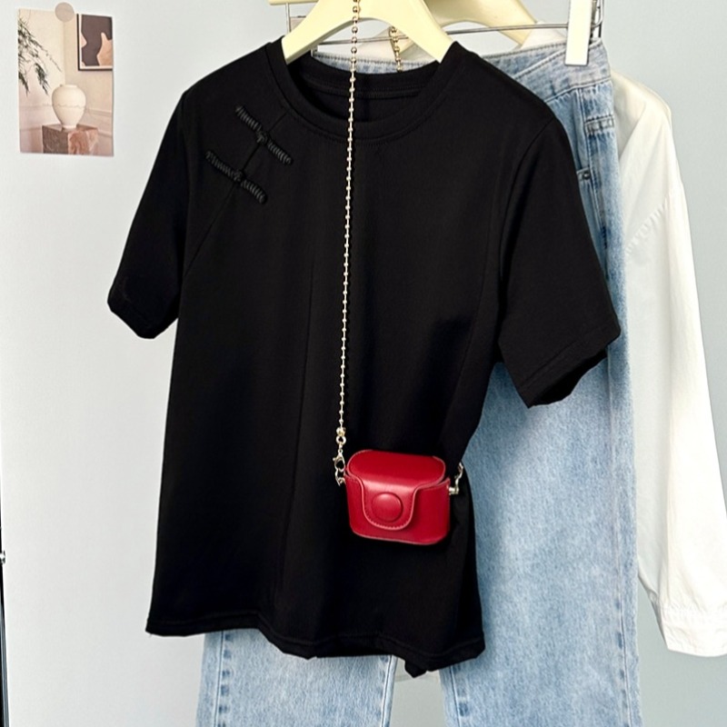 Real photo of Peruvian cotton short-sleeved T-shirt 2025 summer button short solid color slim shoulder round neck Korean women's top