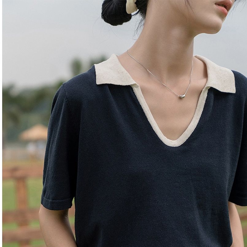 Shipped Short-sleeved ice silk sweater for women in summer, high-end and chic, straight shoulder T-shirt, polo collar top thin