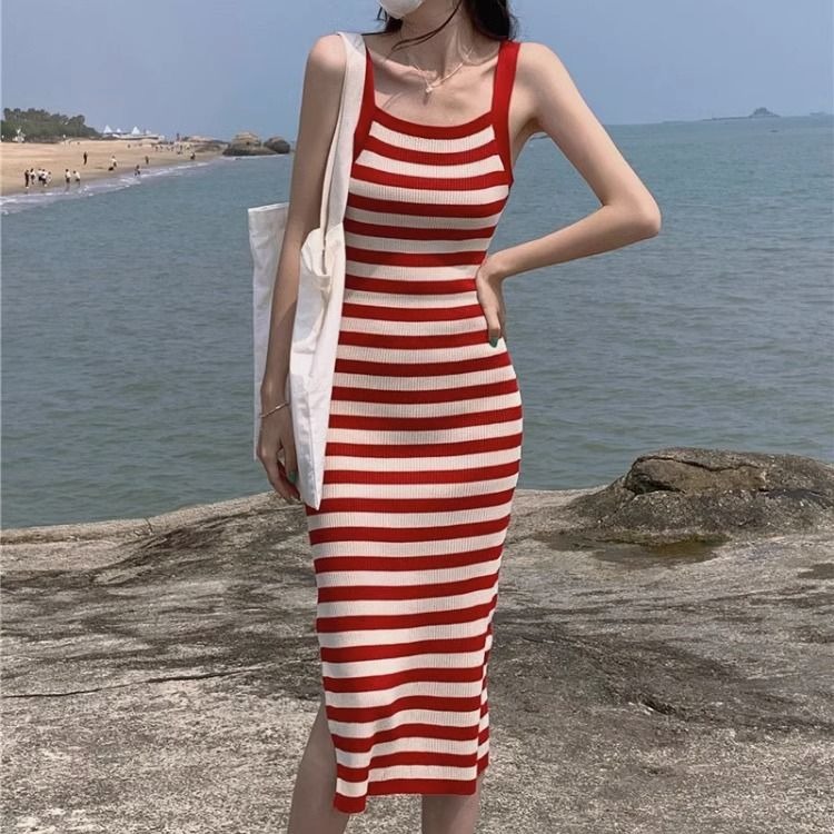 Shipped suspender skirt mid-length summer thin slit hot girl high-end exquisite temperament dress